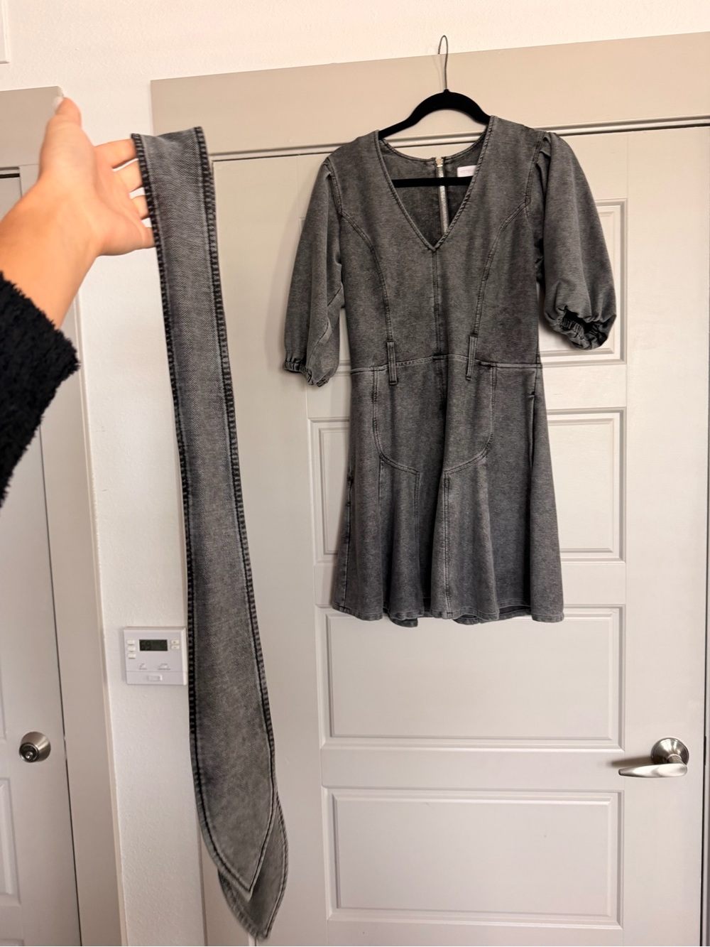 Kittenish x Flag Anthem Washed Gray Denim V-Neck Mini Dress with Belt